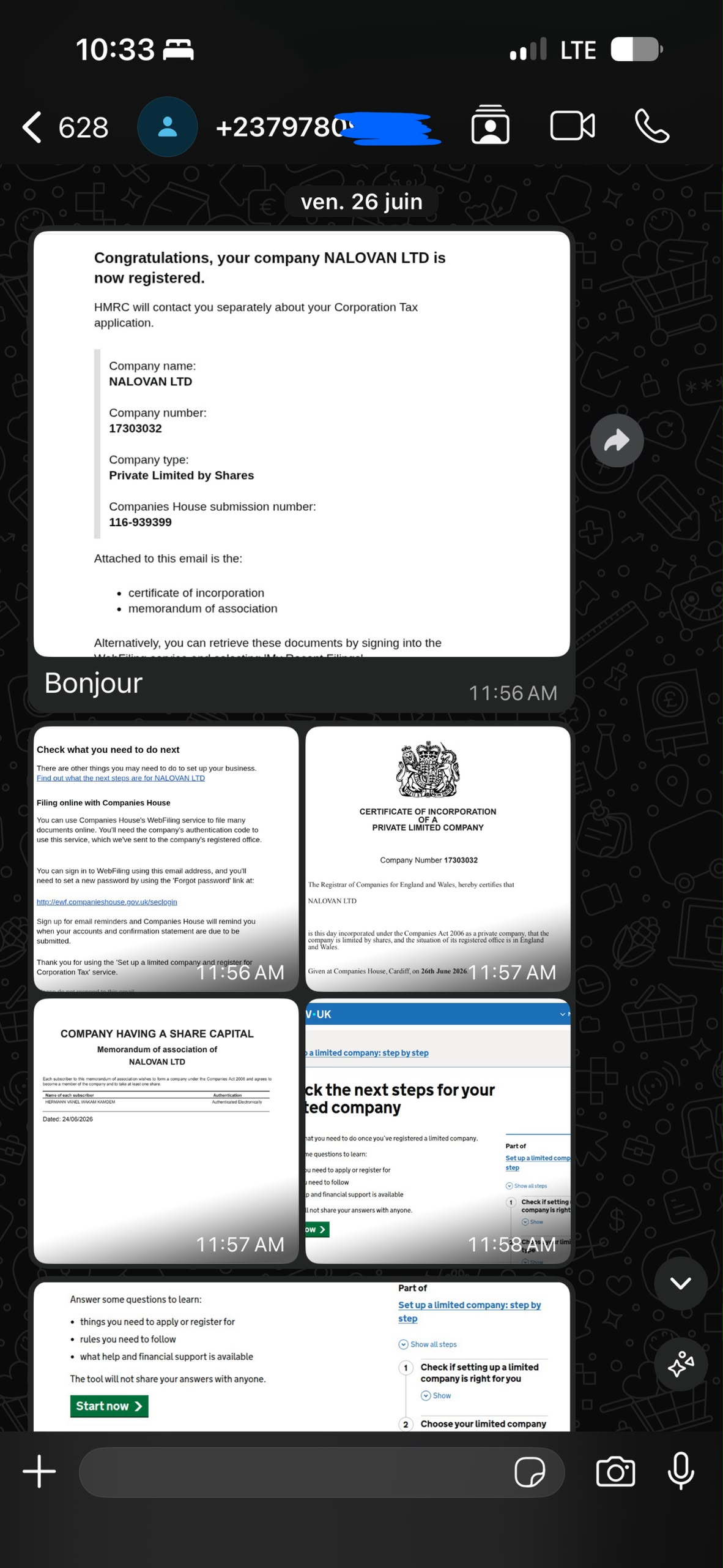 Capture d'échange WhatsApp avec un client — preuve d'enregistrement de société