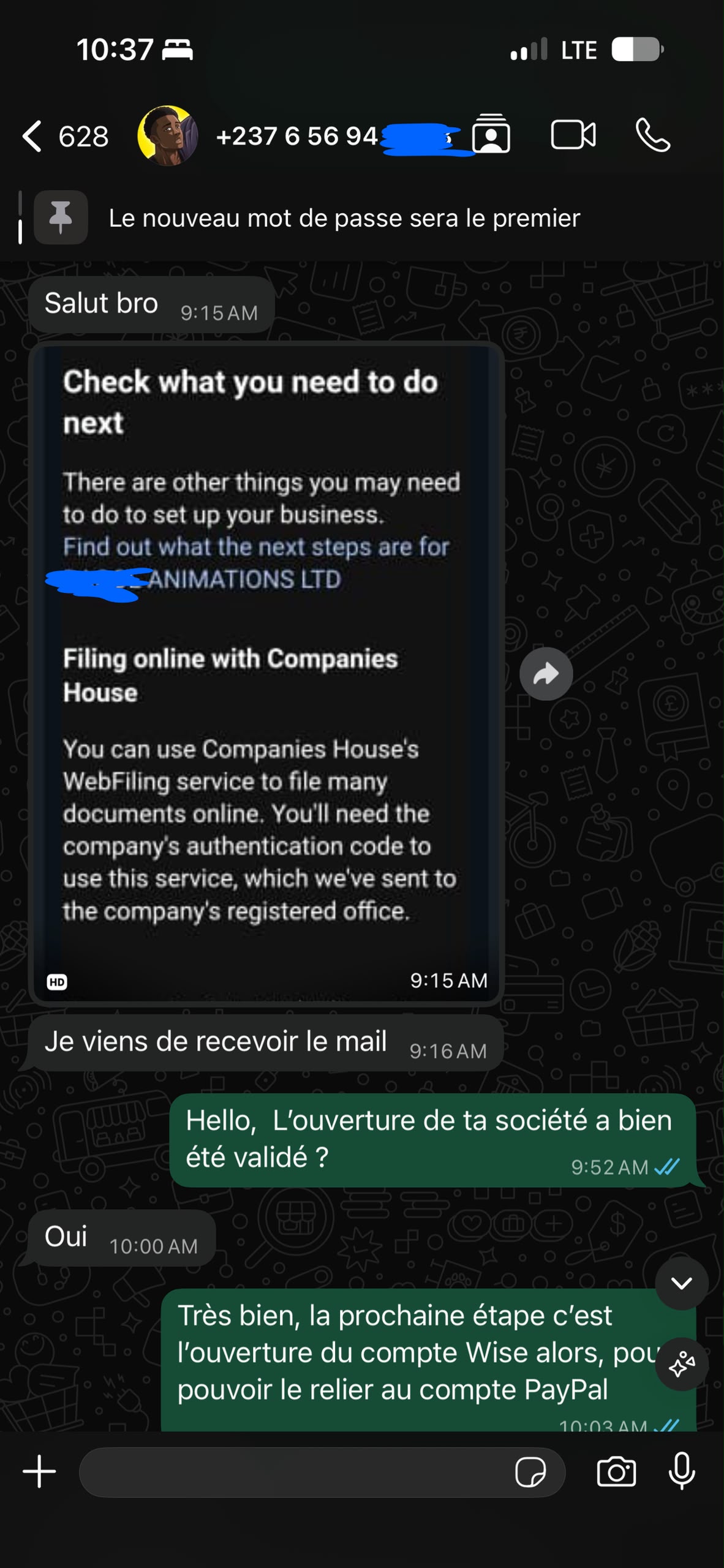 Capture d'échange WhatsApp avec un client — preuve d'enregistrement de société