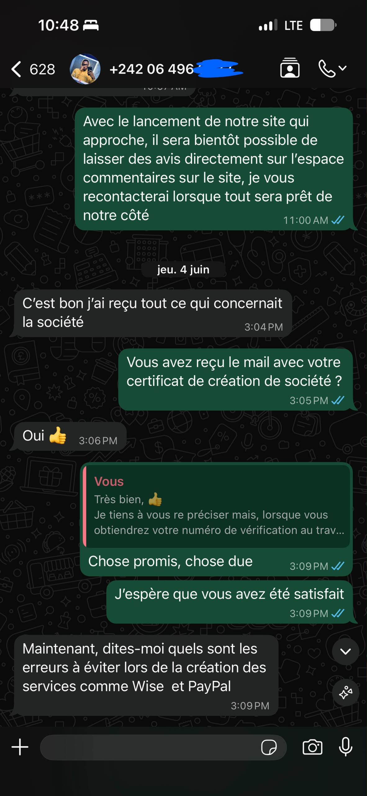 Capture d'échange WhatsApp avec un client — preuve d'enregistrement de société