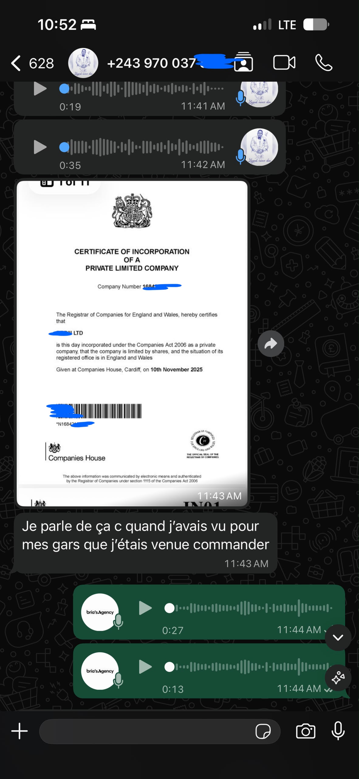 Capture d'échange WhatsApp avec un client — preuve d'enregistrement de société