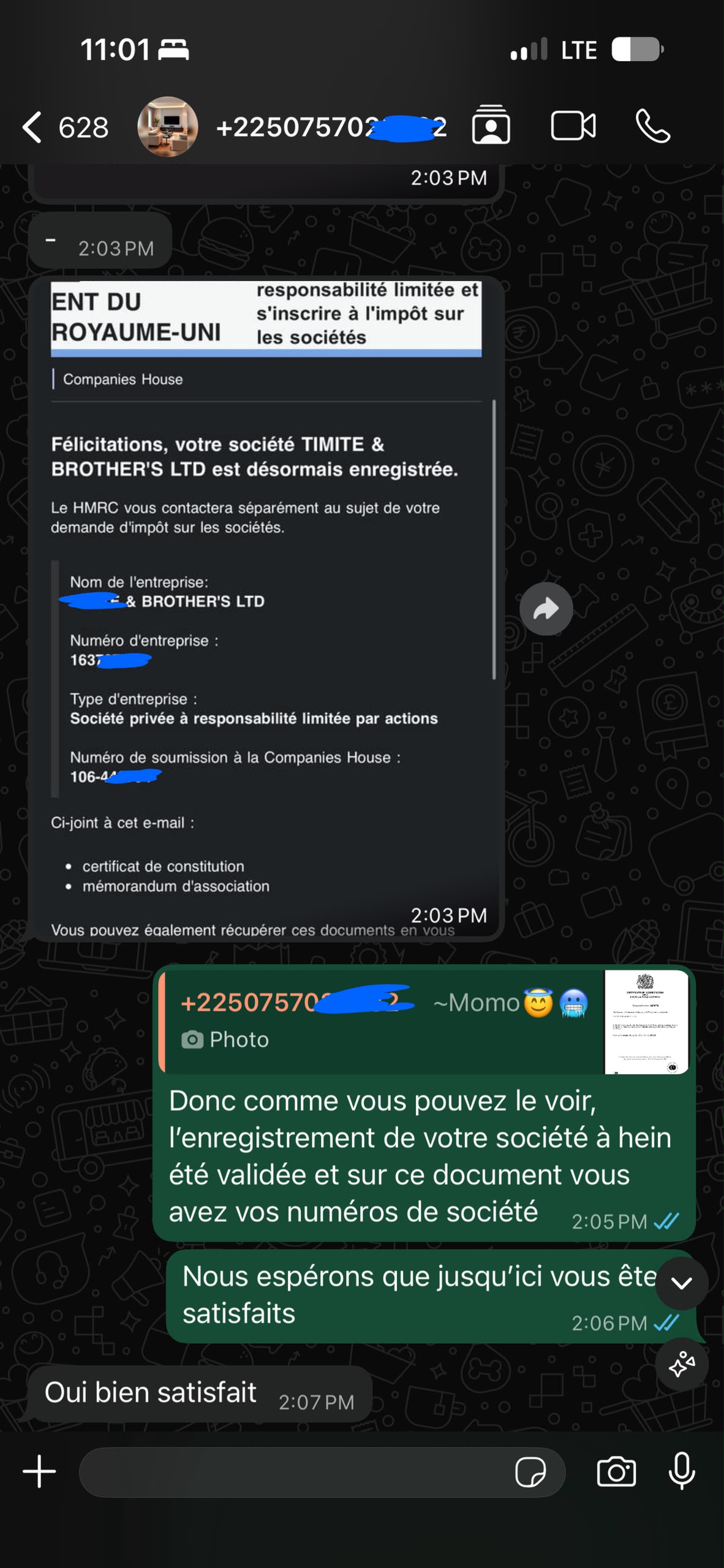 Capture d'échange WhatsApp avec un client — preuve d'enregistrement de société