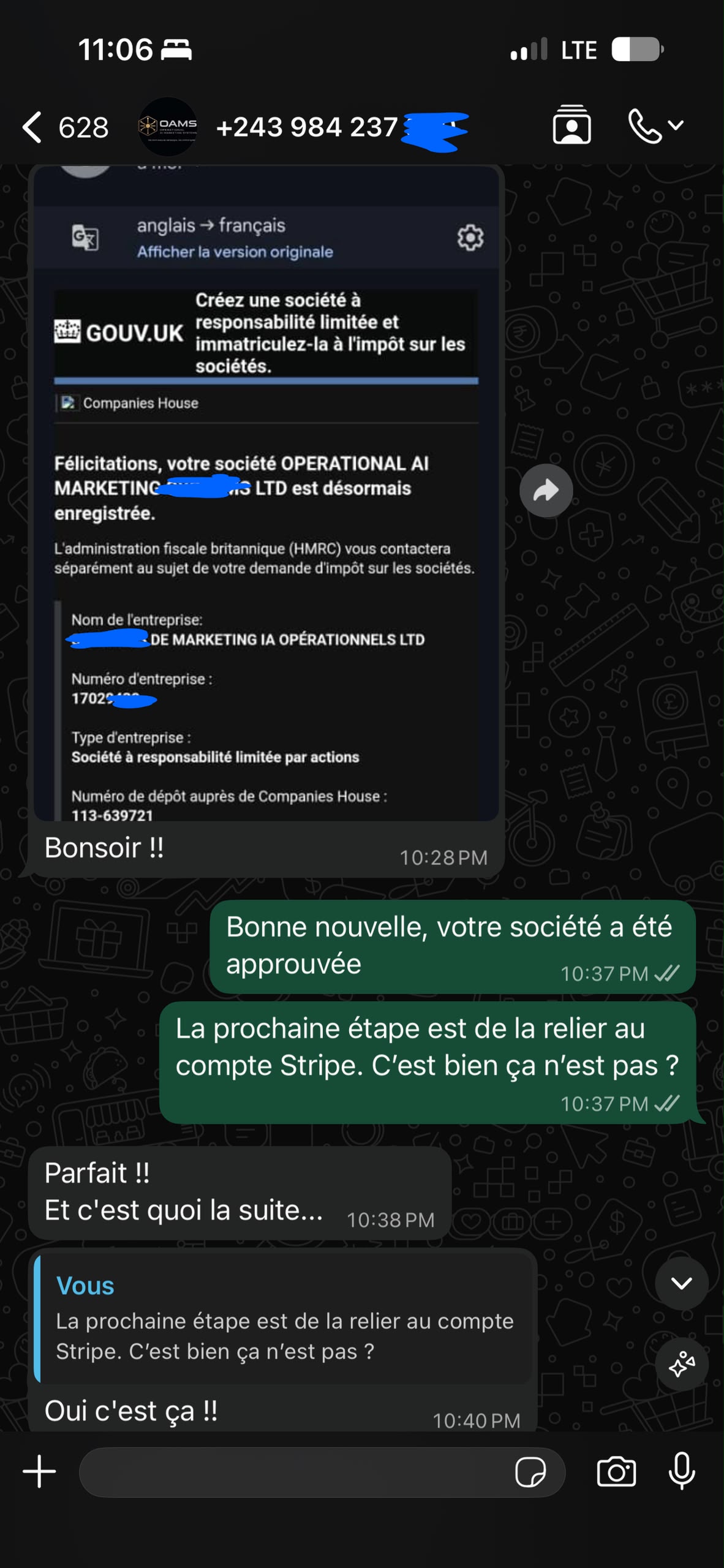 Capture d'échange WhatsApp avec un client — preuve d'enregistrement de société