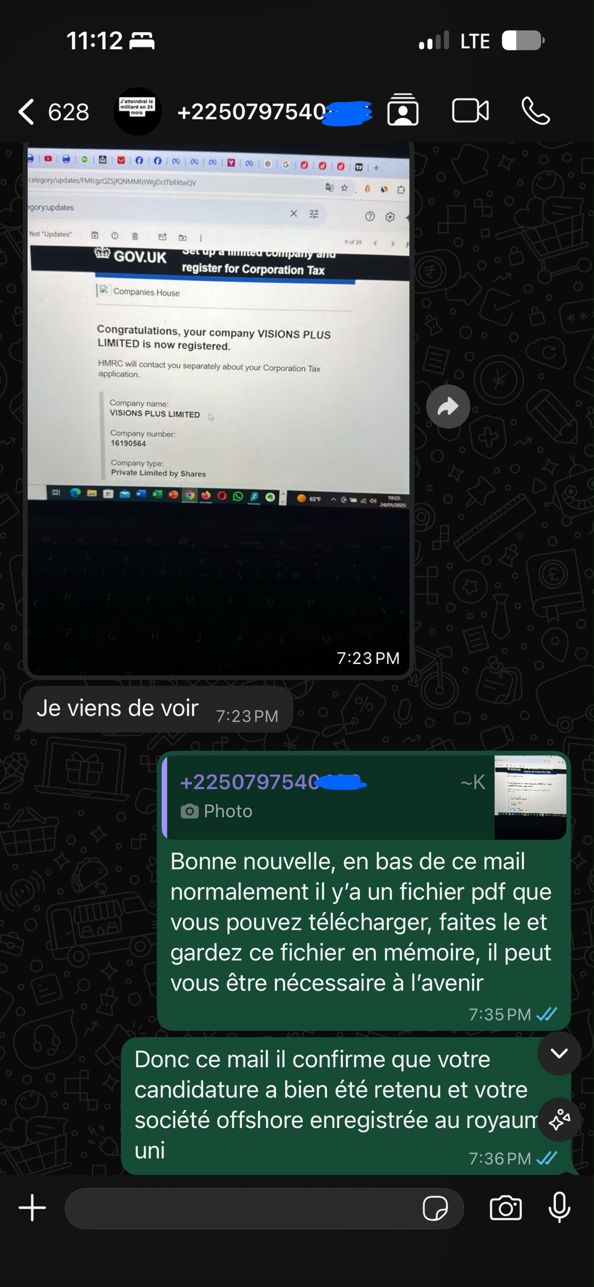 Capture d'échange WhatsApp avec un client — preuve d'enregistrement de société